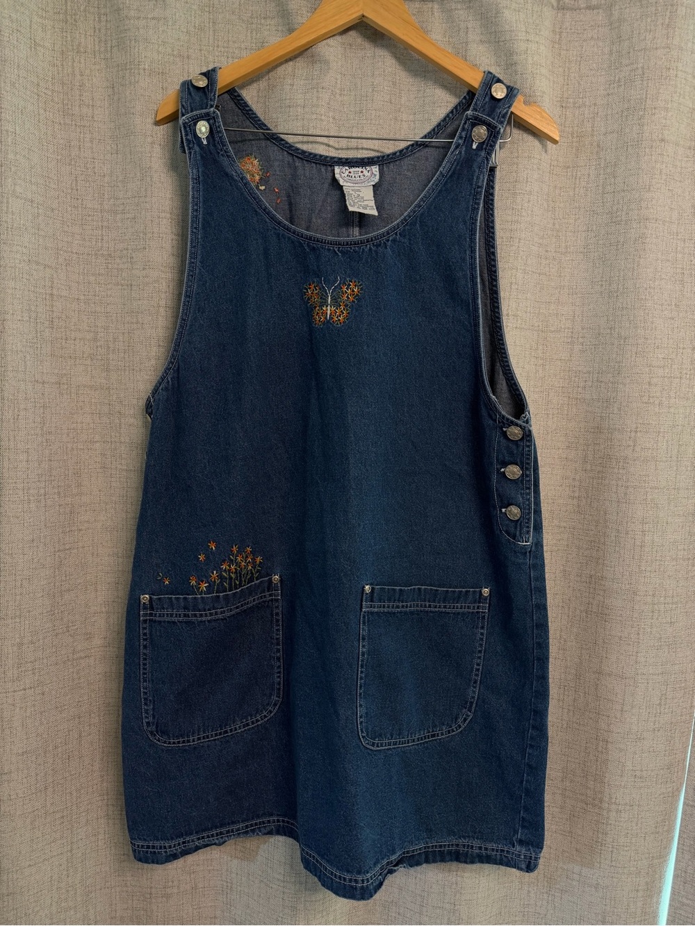 Vintage Carolina Blues 90s Embroidered Denim Jumper Dress L